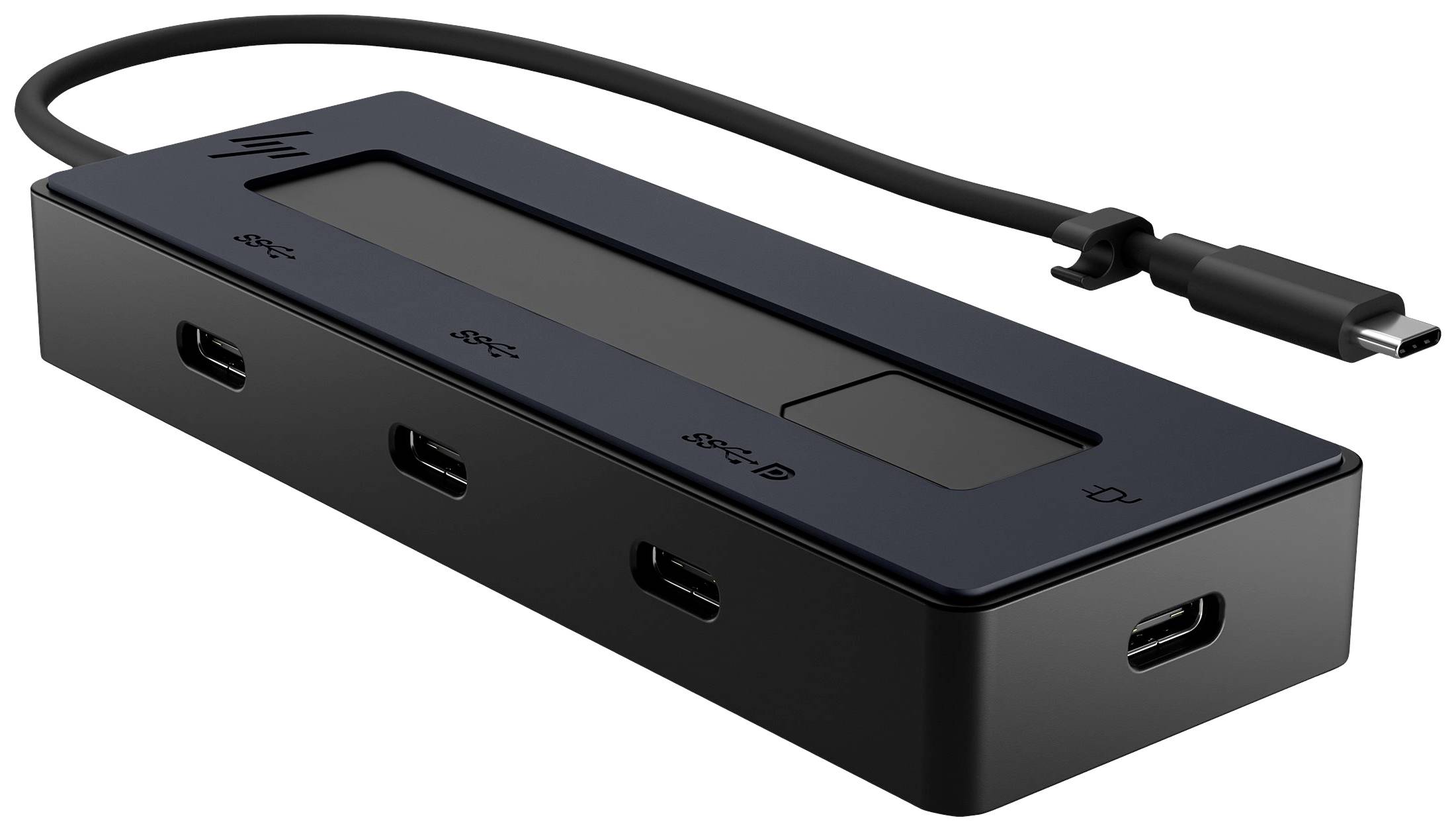 Un hub USB-C nero con quattro porte USB e un cavo USB-C, adatto per collegare più dispositivi a un computer.