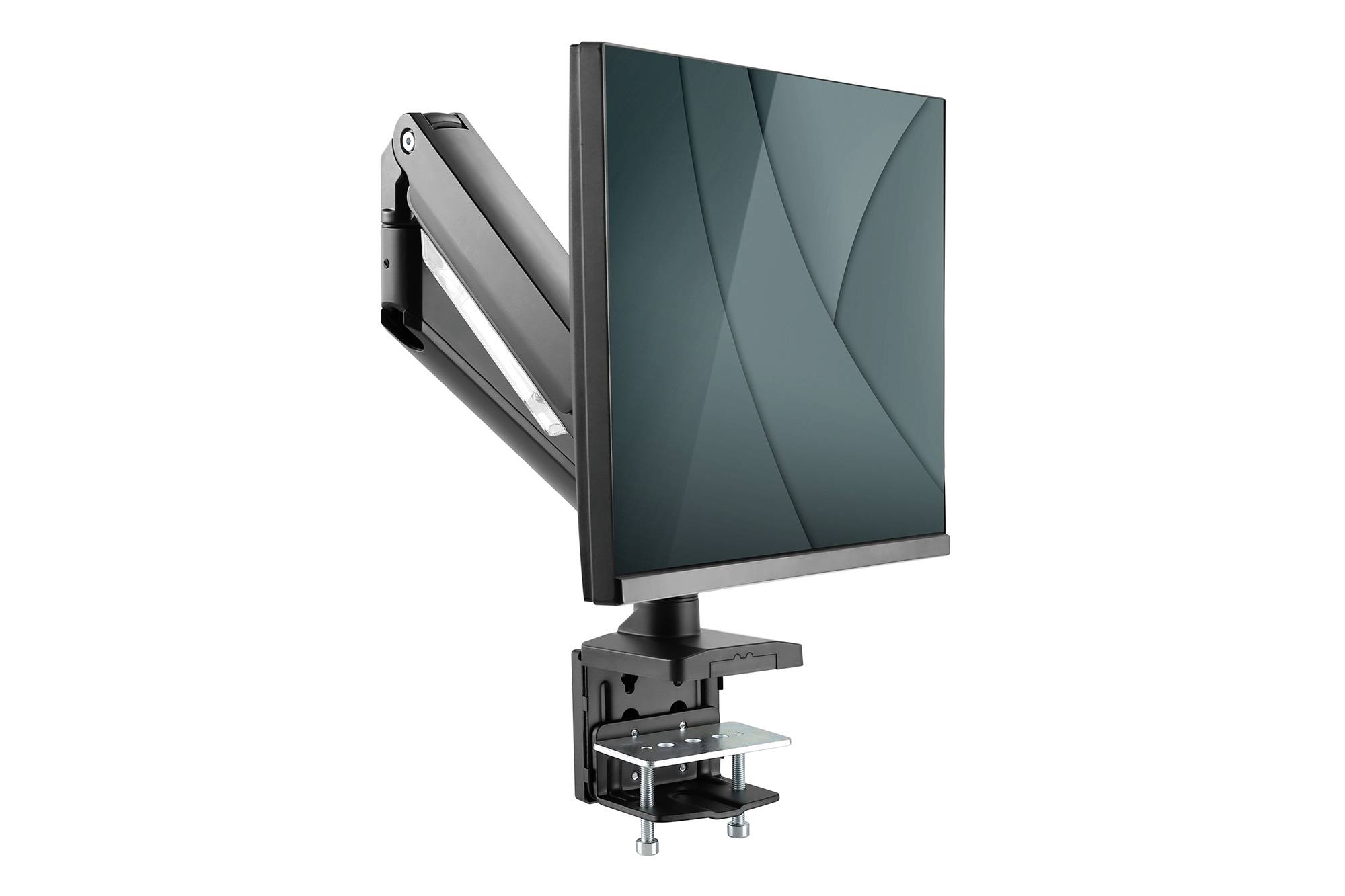 Un monitor per computer con braccio orientabile e supporto da tavolo, ideale per un'organizzazione flessibile dello spazio di lavoro.