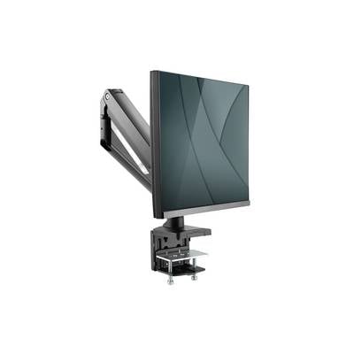 Un monitor per computer con braccio orientabile e supporto da tavolo, ideale per un'organizzazione flessibile dello spazio di lavoro.
