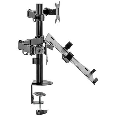 Supporto per monitor con morsetto di fissaggio, con due supporti: uno in alto per un monitor e uno in basso per un laptop. Flessibile e regolabile.