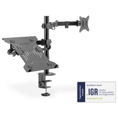 Supporto per monitor e laptop, regolabile in altezza con braccio snodabile. Certificato dall'Istituto per la Salute e l'Ergonomia.