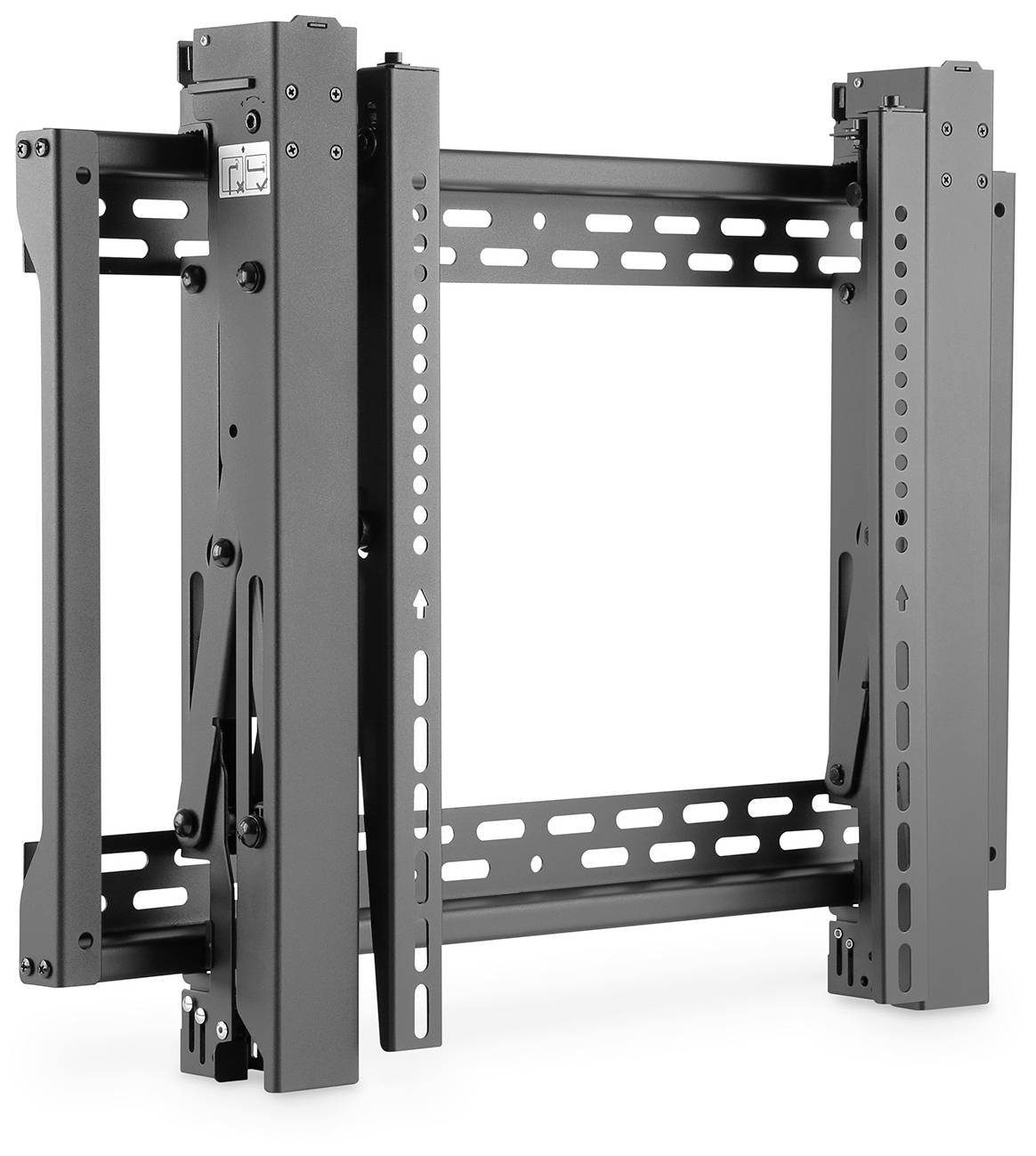 Supporto metallico per monitor o televisori, con braccio estensibile e orientabile, per installazioni flessibili.