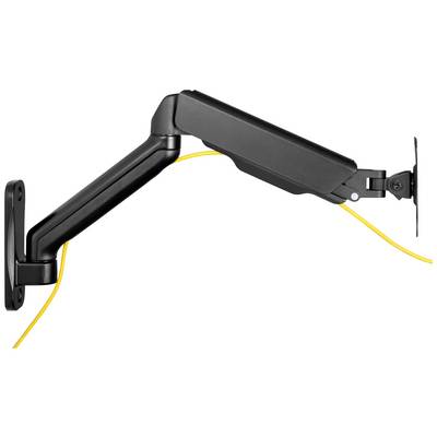 Braccio per monitor verniciato nero con cavo giallo, montato a parete. Il braccio è completamente articolabile e consente una regolazione flessibile.