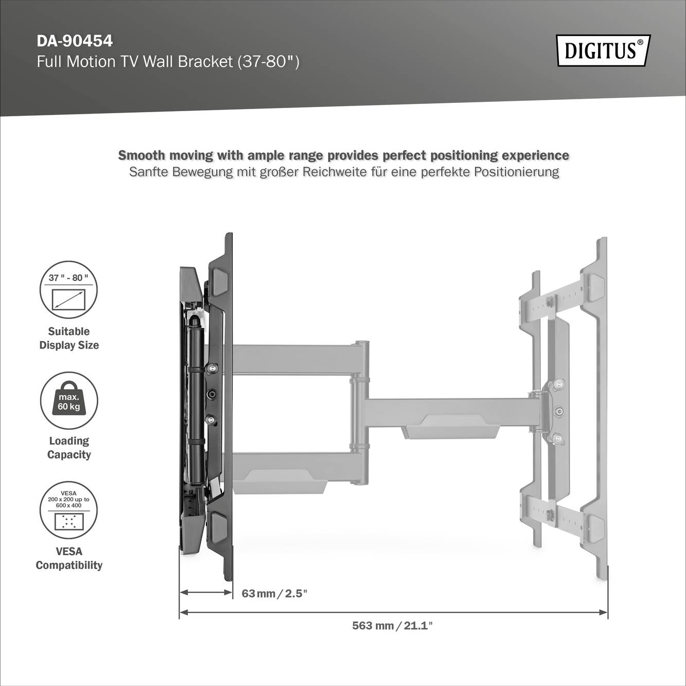 Supporto da parete per TV con braccio inclinabile per schermi da 37-80 pollici, portata massima 60 kg. Braccio mobile per un posizionamento flessibile.