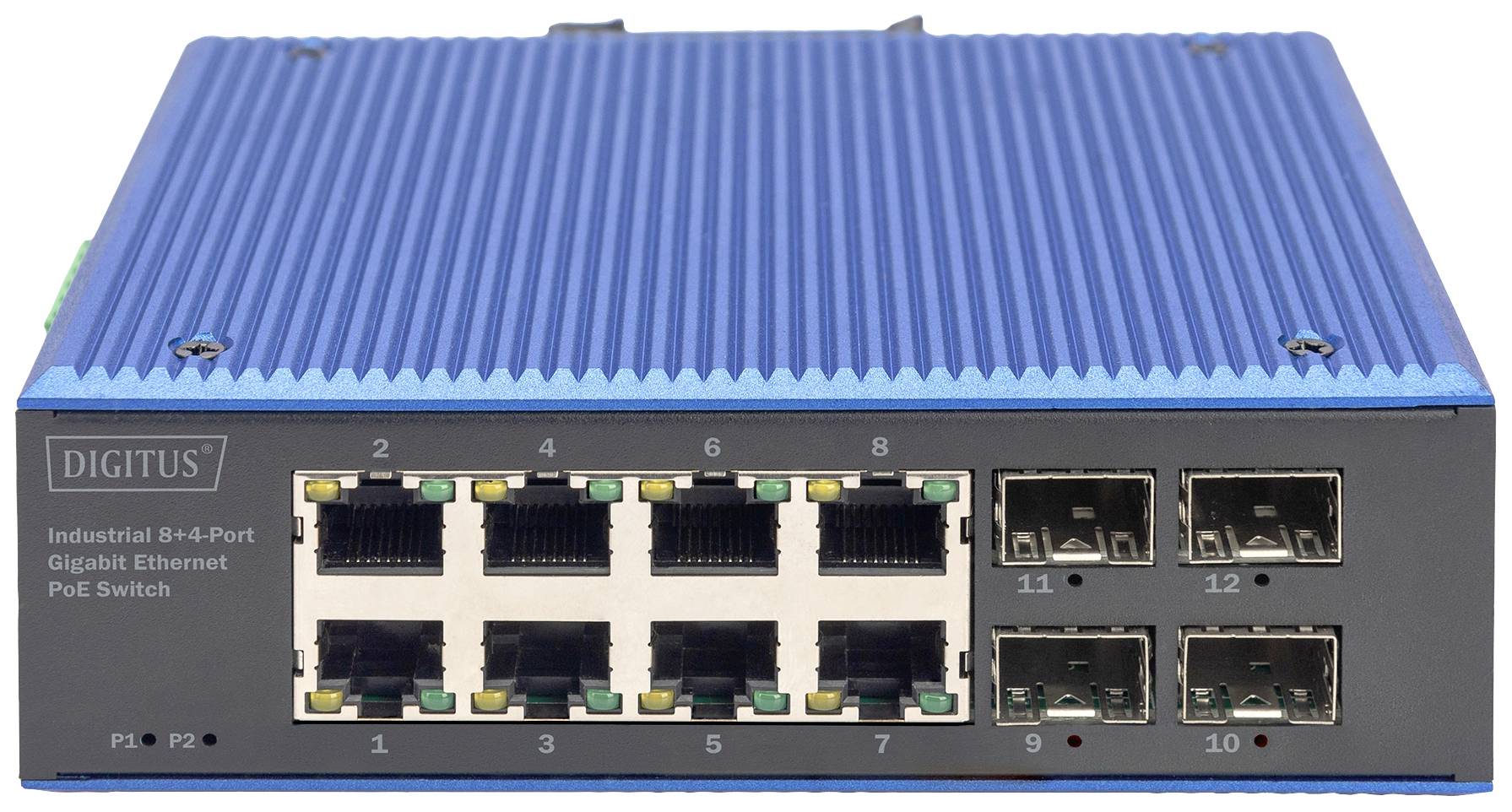 Un switch Gigabit Ethernet PoE industriale blu a 8+4 porte, con molteplici connessioni Ethernet e in fibra ottica del marchio 'Digitus'.