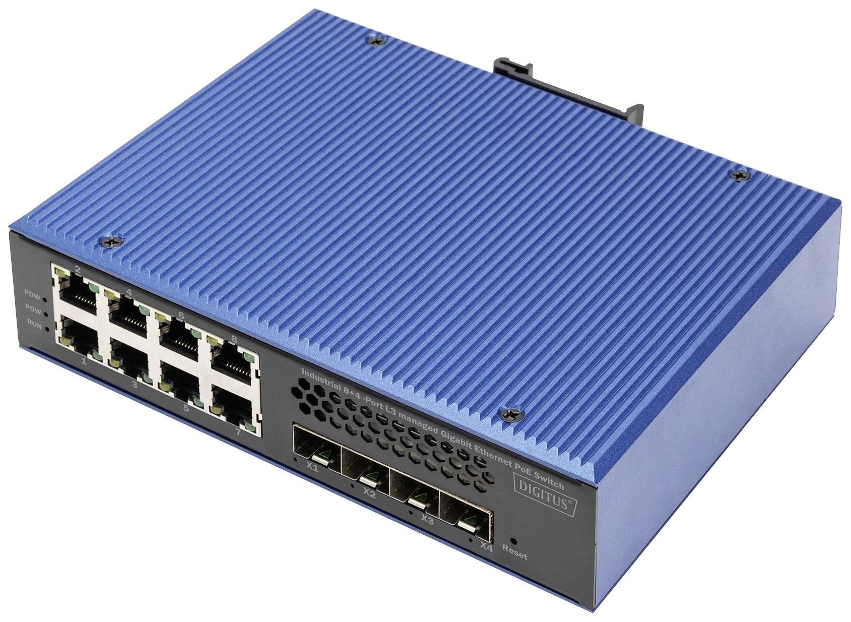 Un switch di rete blu con otto porte Ethernet e quattro porte in fibra ottica. È destinato alla trasmissione di dati nelle reti.