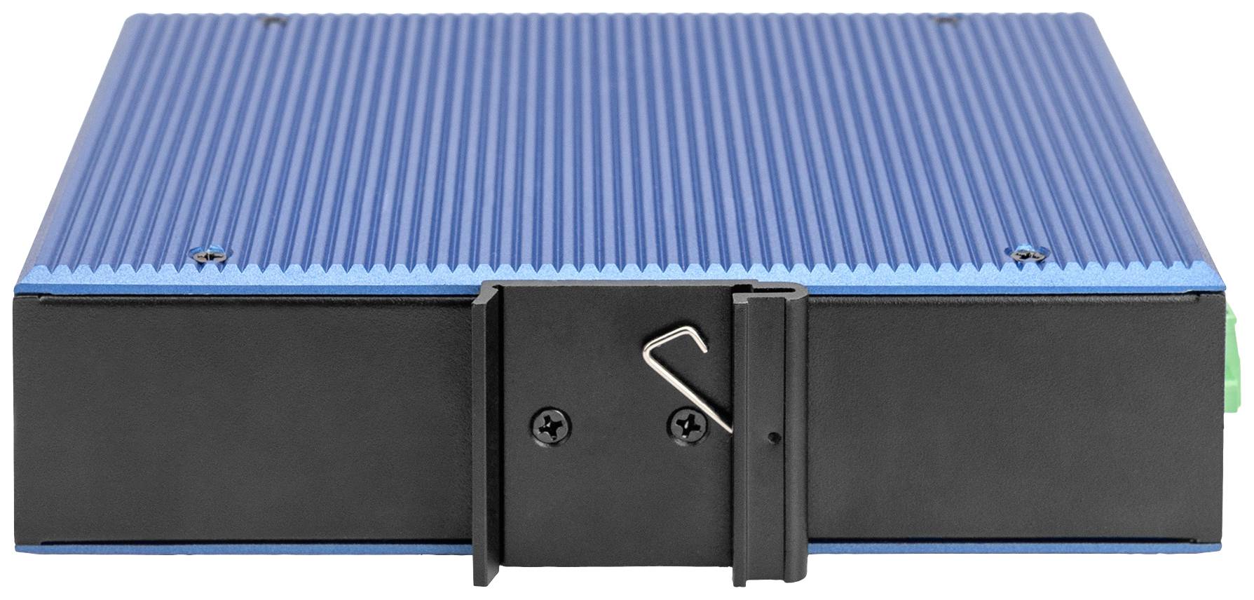 Un involucro metallico rettangolare blu con una superficie zigrinata e un pannello frontale nero con un dispositivo di chiusura metallico.