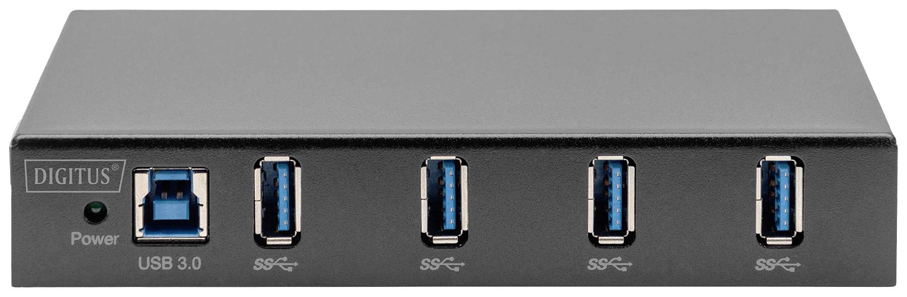 Un hub USB 3.0 nero con quattro porte USB e un indicatore di alimentazione a sinistra.