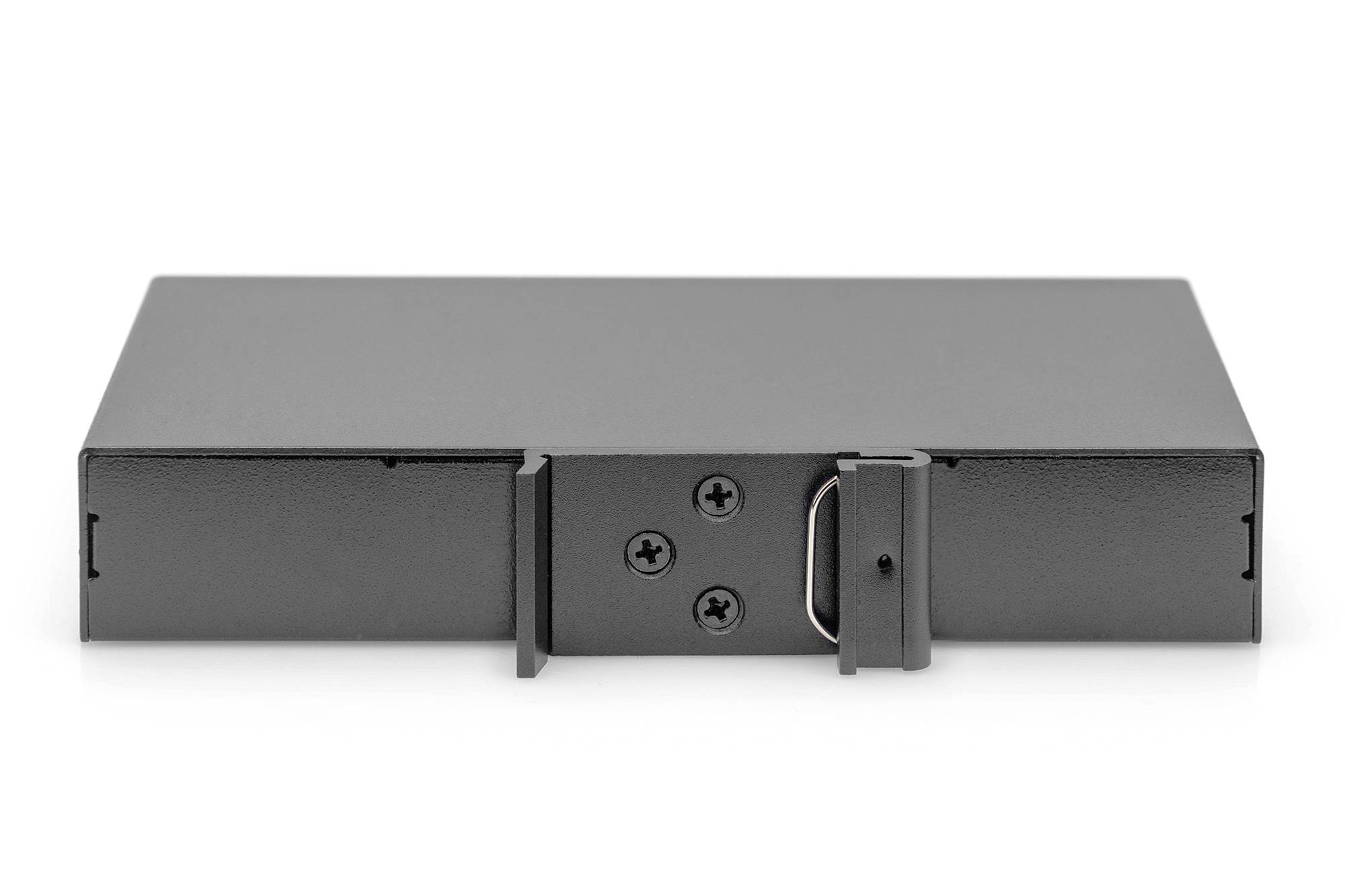 Un involucro metallico nero con coperchio frontale rimovibile a vite. Design discreto e compatto, adatto per componenti del computer.