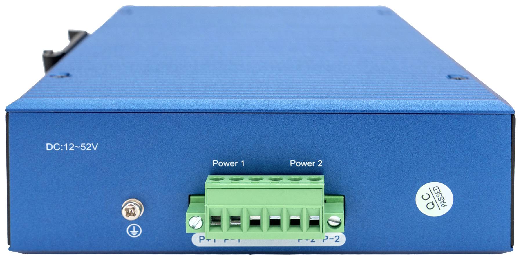 Un dispositivo elettronico blu con due connessioni di alimentazione verdi e la scritta 'DC: 12-52V'.