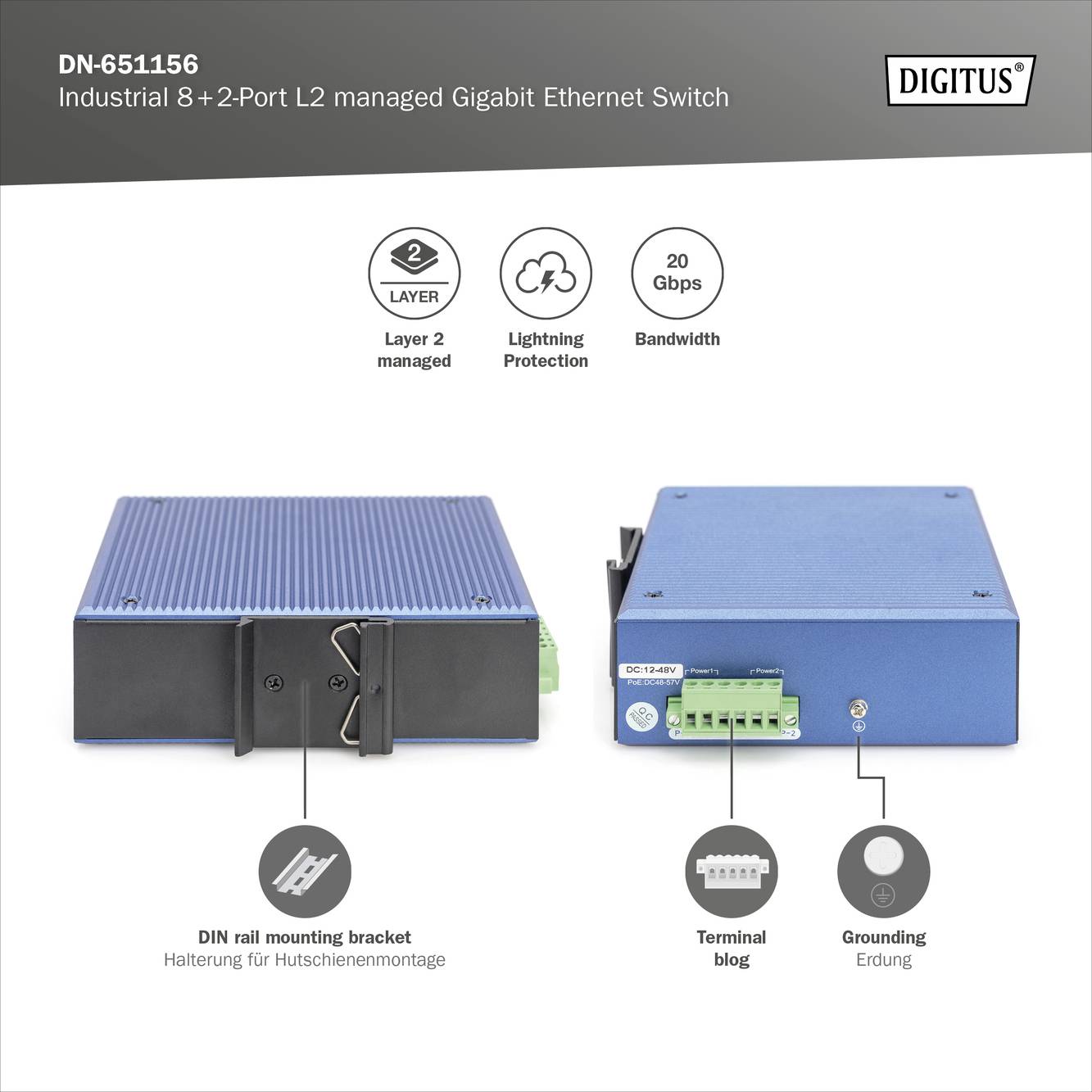 'Switch Ethernet Gigabit industriale 8+2 porte, larghezza di banda da 20 Gbps, protezione contro i fulmini. Montaggio su guida DIN e cavo di messa a terra integrato.'