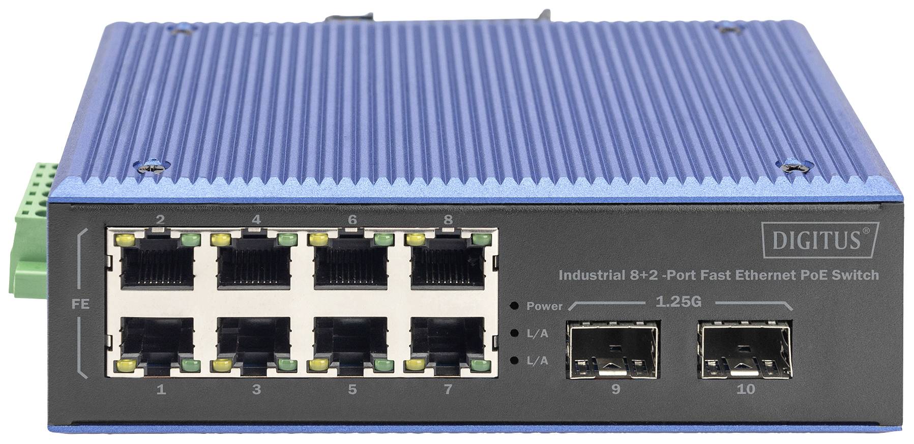 Switch Ethernet PoE industriale a 8+2 porte Fast Ethernet, con involucro blu, vista frontale con 10 porte Ethernet e indicatori LED.