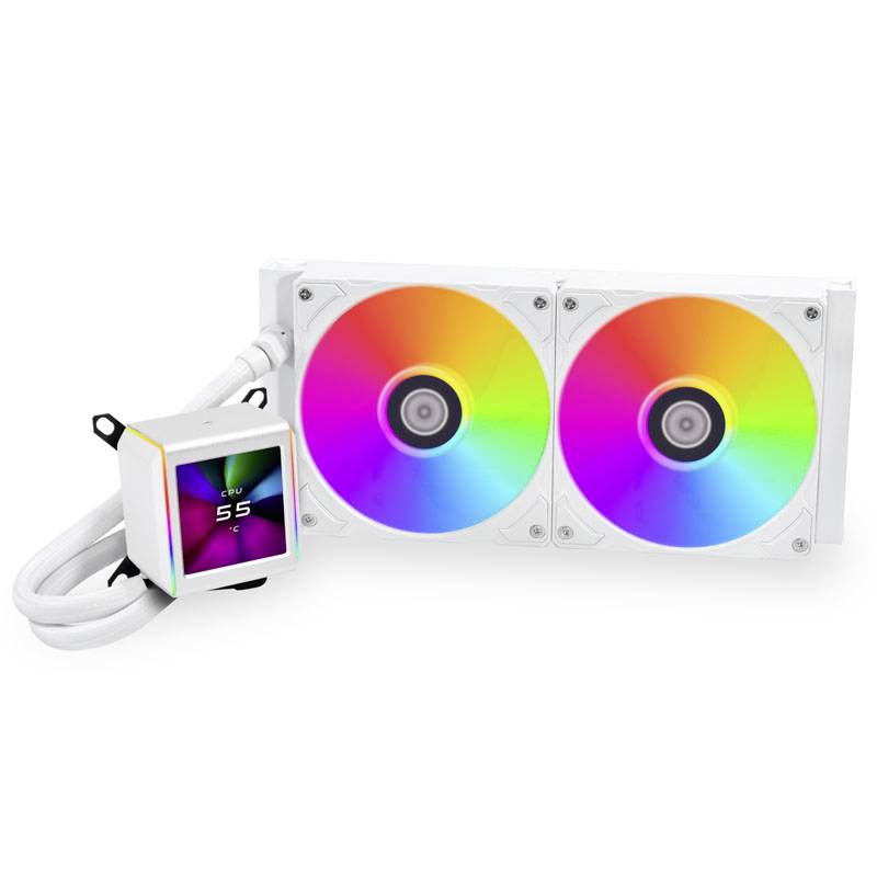 Due ventole per computer illuminate e colorate con un monitor che mostra la temperatura. Principalmente utilizzate per il raffreddamento del PC.