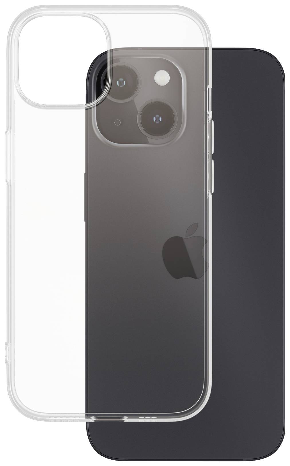 Un smartphone nero con custodia protettiva trasparente che mostra il retro e gli alloggiamenti delle fotocamere.