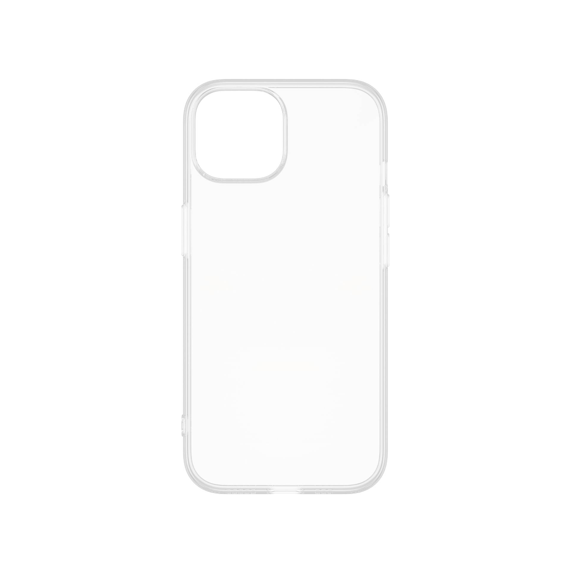 Custodia trasparente per smartphone, che mostra la forma e i ritagli per la fotocamera e i tasti su sfondo bianco.