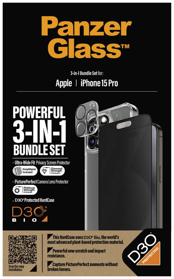 PanzerGlass 3-in-1-Privacy-Pack Pellicola di protezione display con protezione per la vista Apple iPhone 15 Pro 1 pz. protezione privacy laterale B1173+P2810