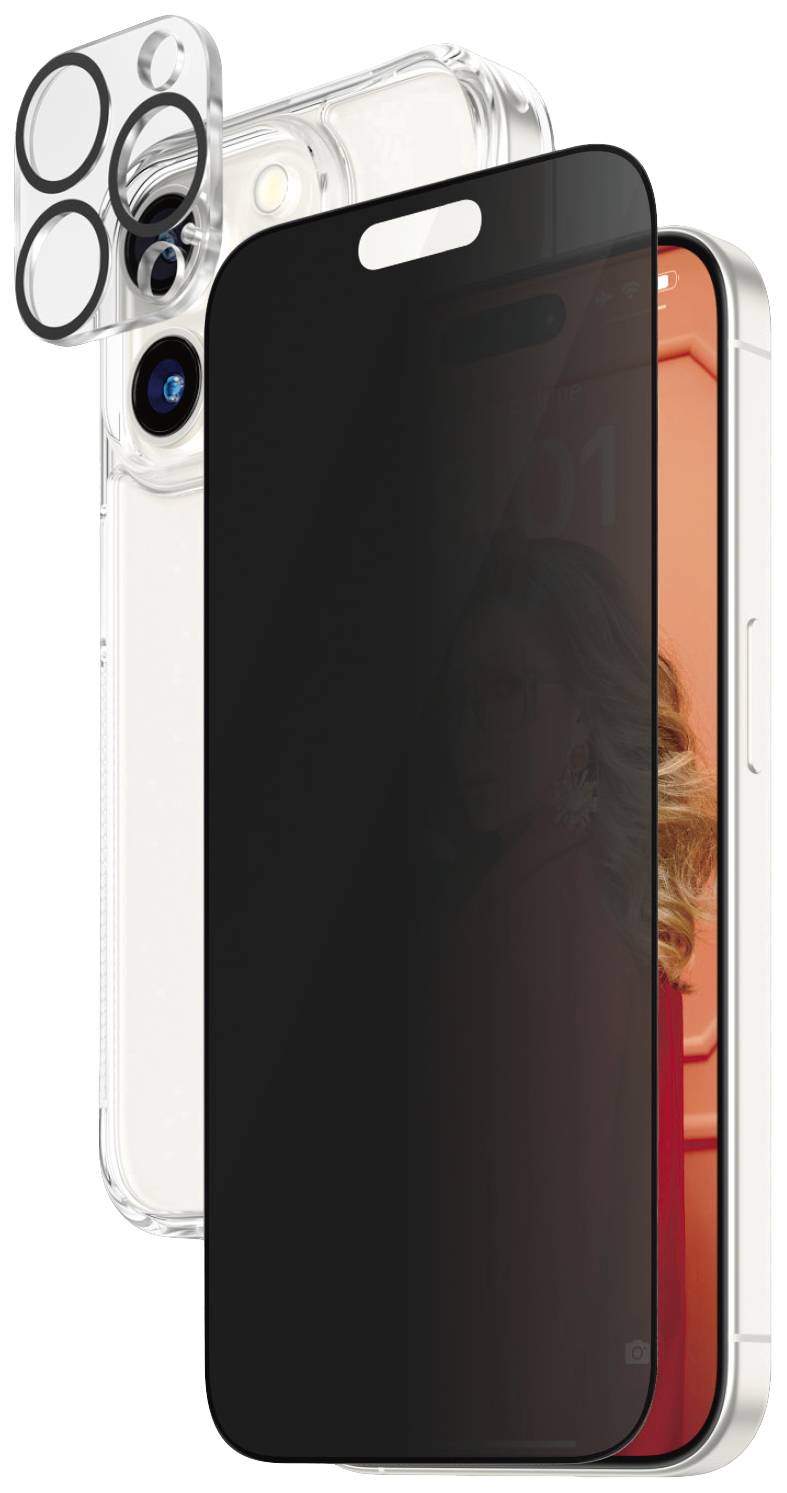Smartphone con protezione del display e protezione separata per la fotocamera. Le pellicole protettive offrono privacy e protezione da graffi.
