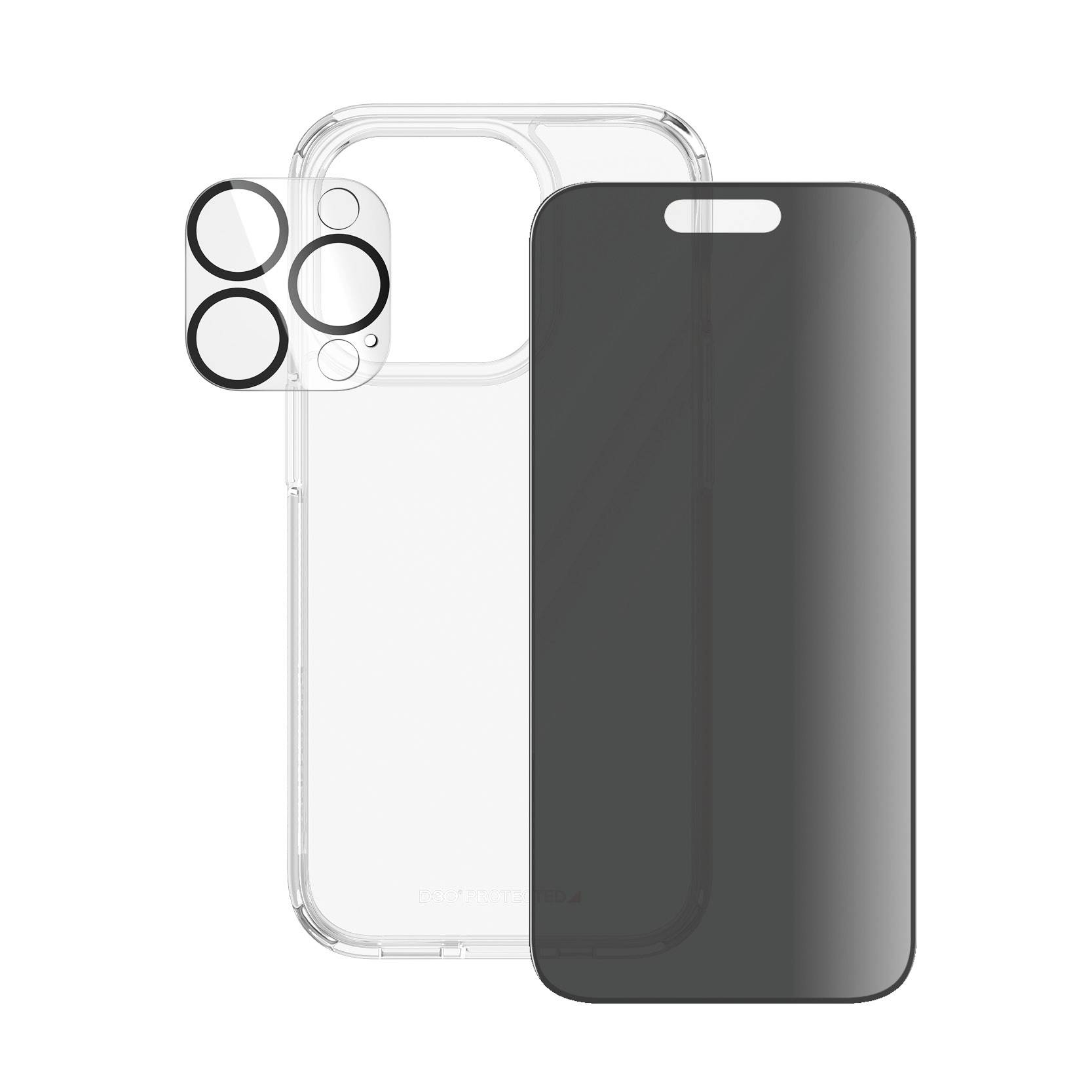 Custodia trasparente per cellulare con protezione separata per la fotocamera e pellicola protettiva aggiuntiva per lo schermo. Ideale per una protezione completa da graffi.