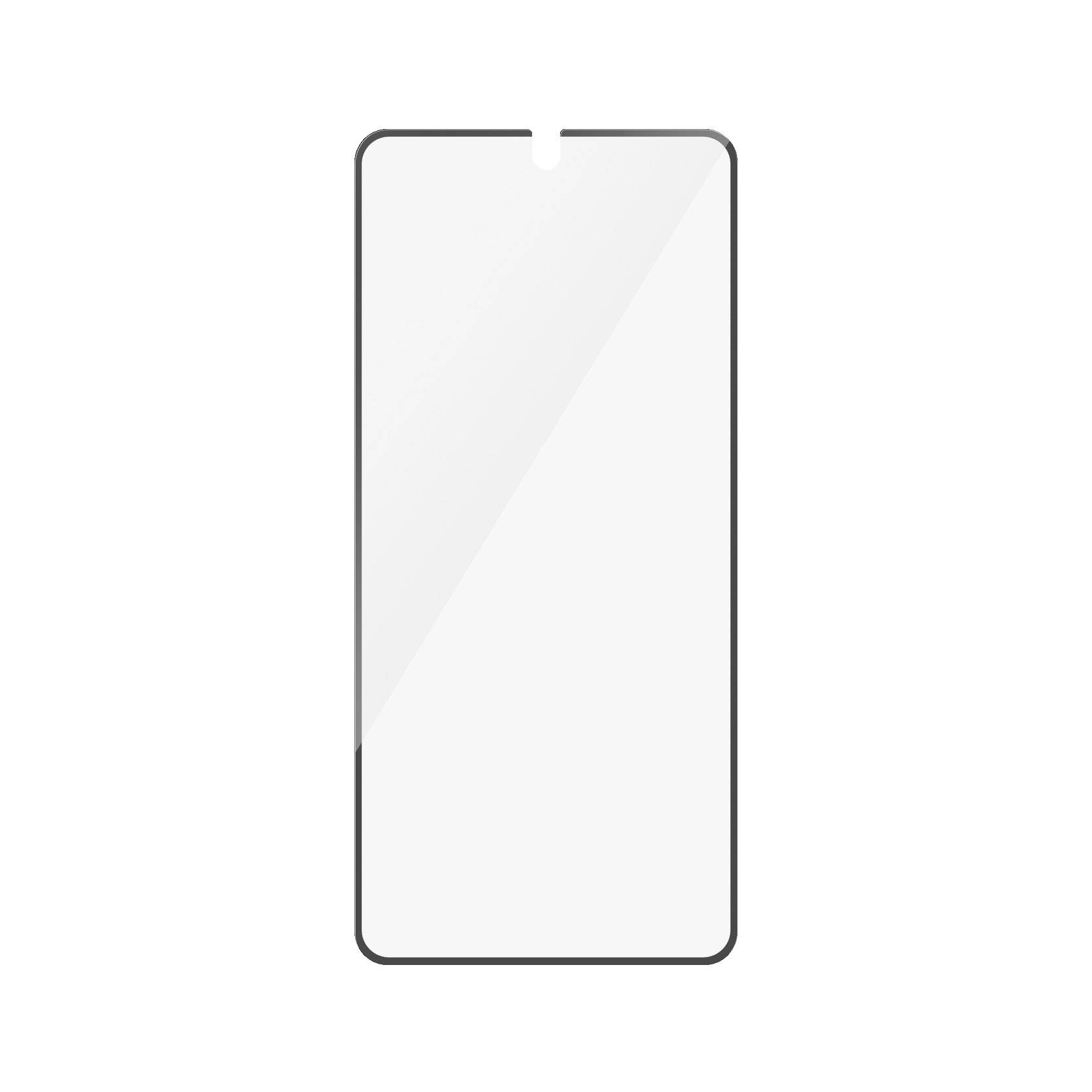Pellicola protettiva trasparente per schermo di smartphone, rettangolare, con un piccolo taglio a semicerchio nella parte superiore.