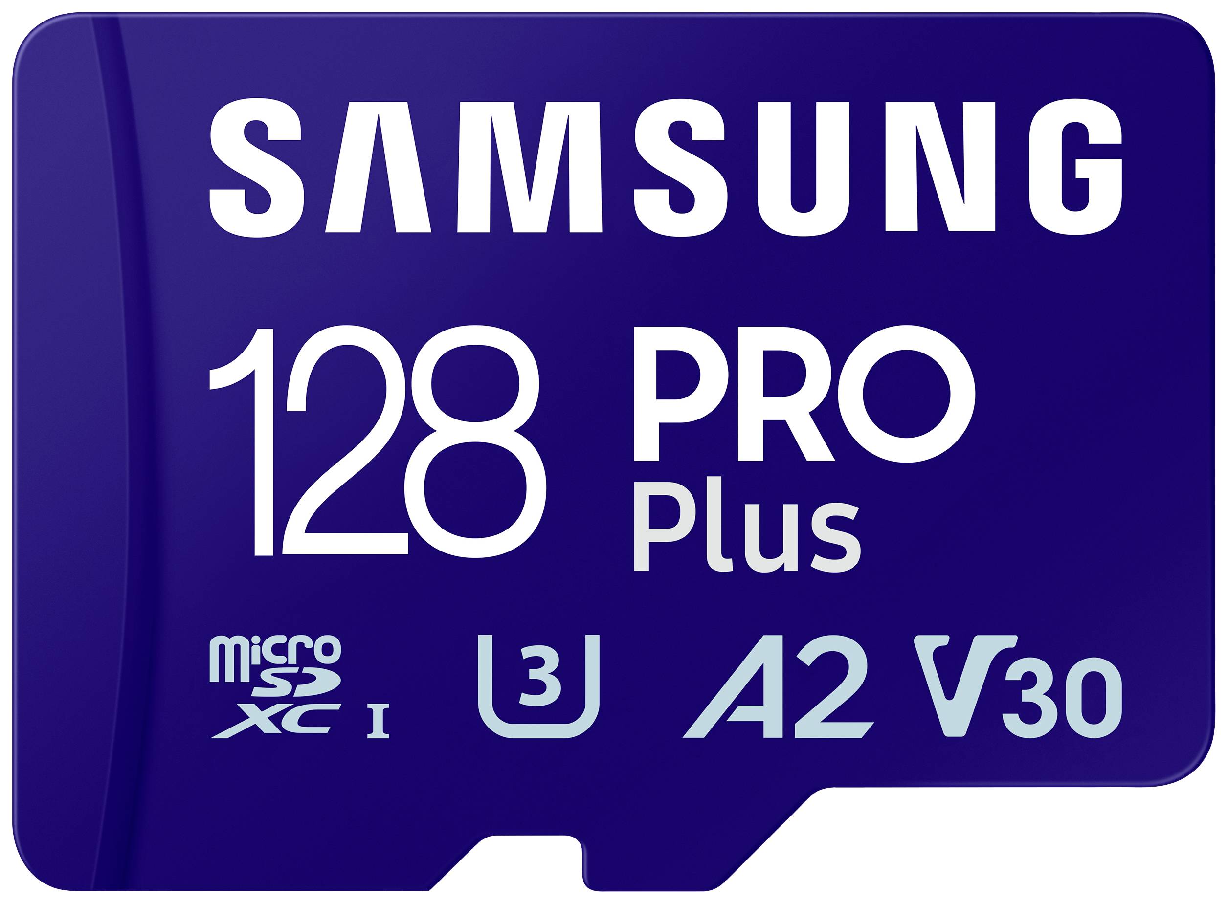 'Scheda MicroSD blu Samsung da 128 GB PRO Plus con classificazione U3, A2, V30, idonea per trasferimenti dati veloci e registrazioni.'