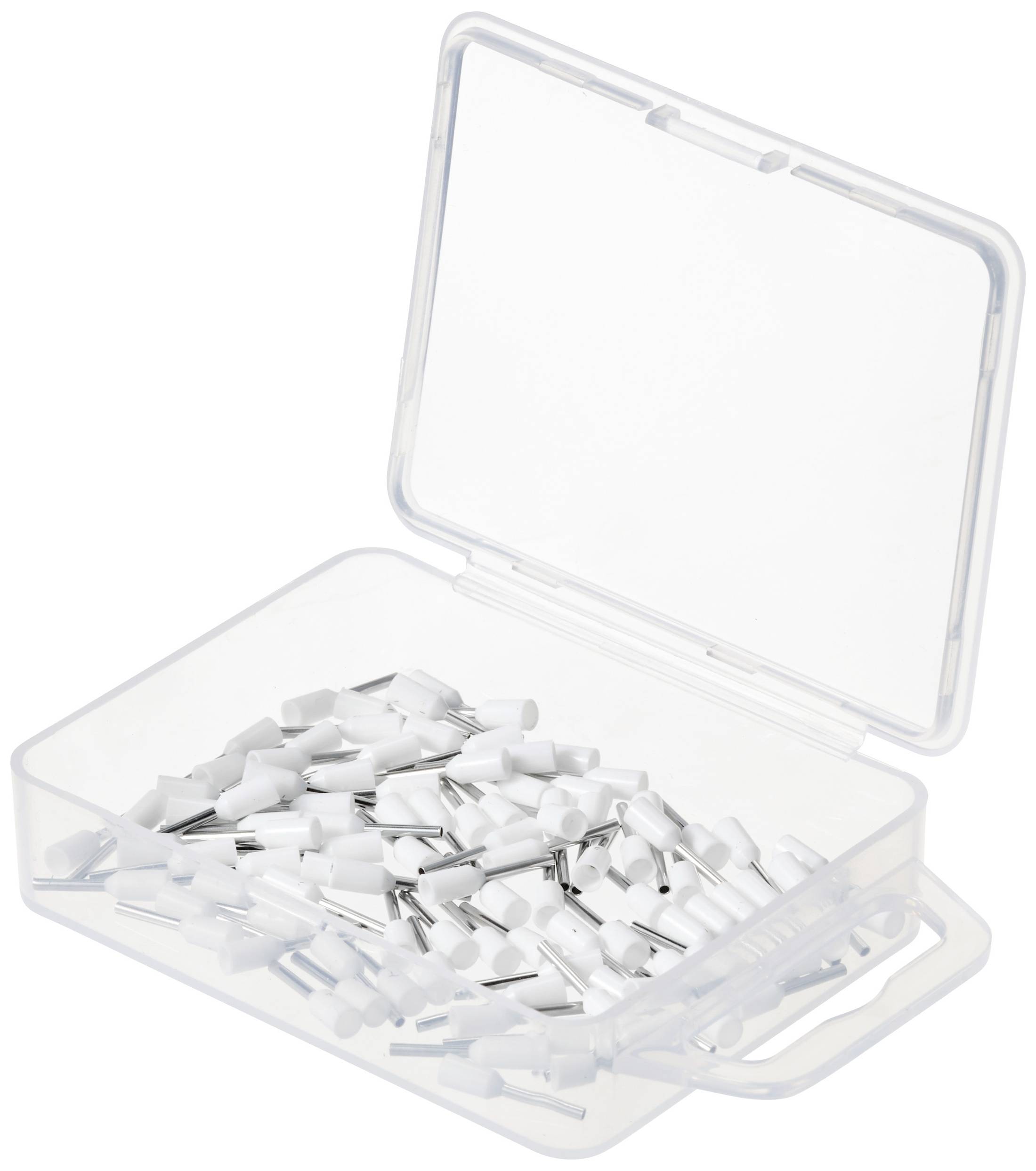 Scatola di plastica aperta con numerosi connettori bianchi ordinatamente disposti.