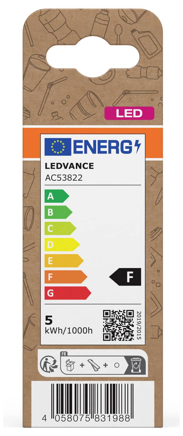Etichetta del pacchetto di lampadina LED LEDVANCE che mostra una classificazione energetica F, 5 kWh/1000h, modello AC53822, con codice a barre e codice QR.