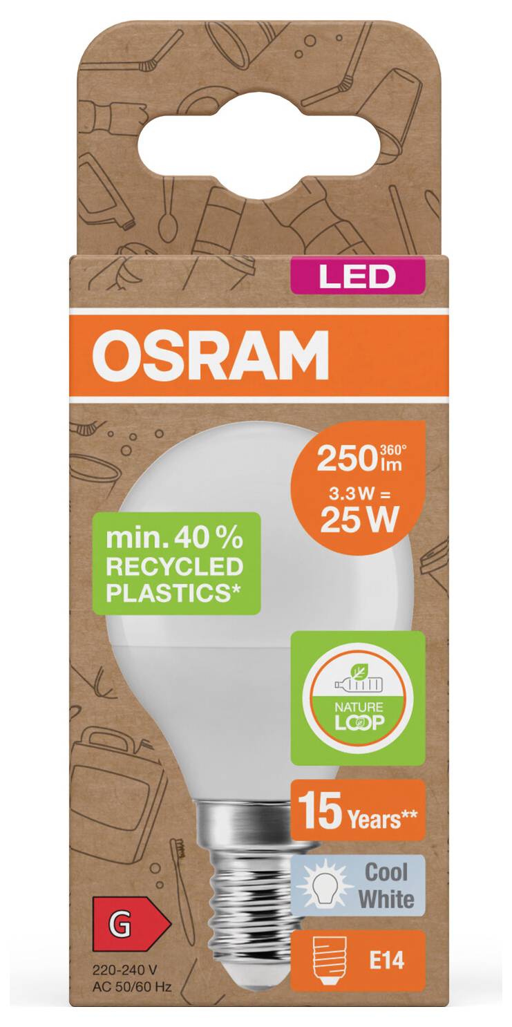 Confezione lampadina LED OSRAM, attacco E14, equivalente a 25 W, 250 lm, bianco freddo, minimo 40% plastica riciclata, 15 anni, classe energetica G.