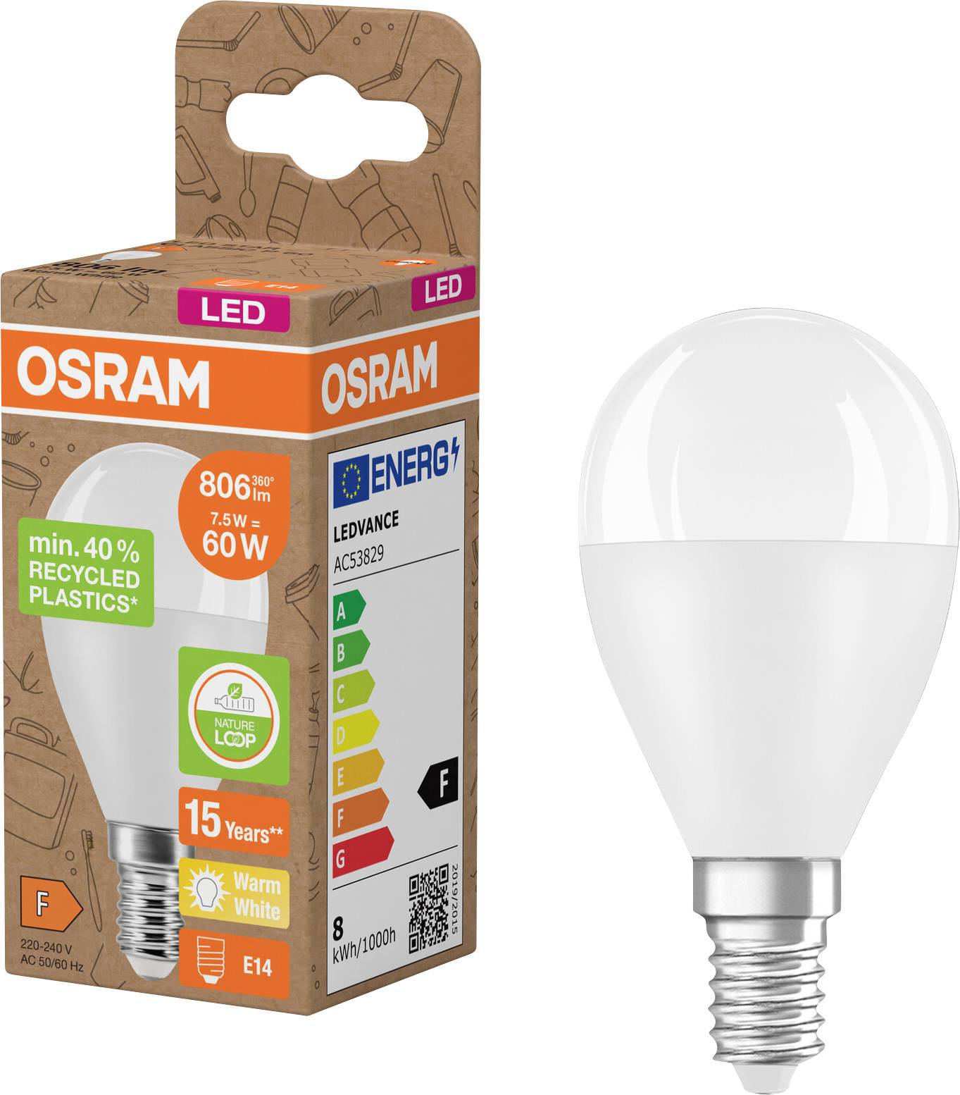 Lampadina LED OSRAM e confezione, che mostra una lampadina E14 da 8W, 806 lumen, bianco caldo, ed etichette della classe energetica F.