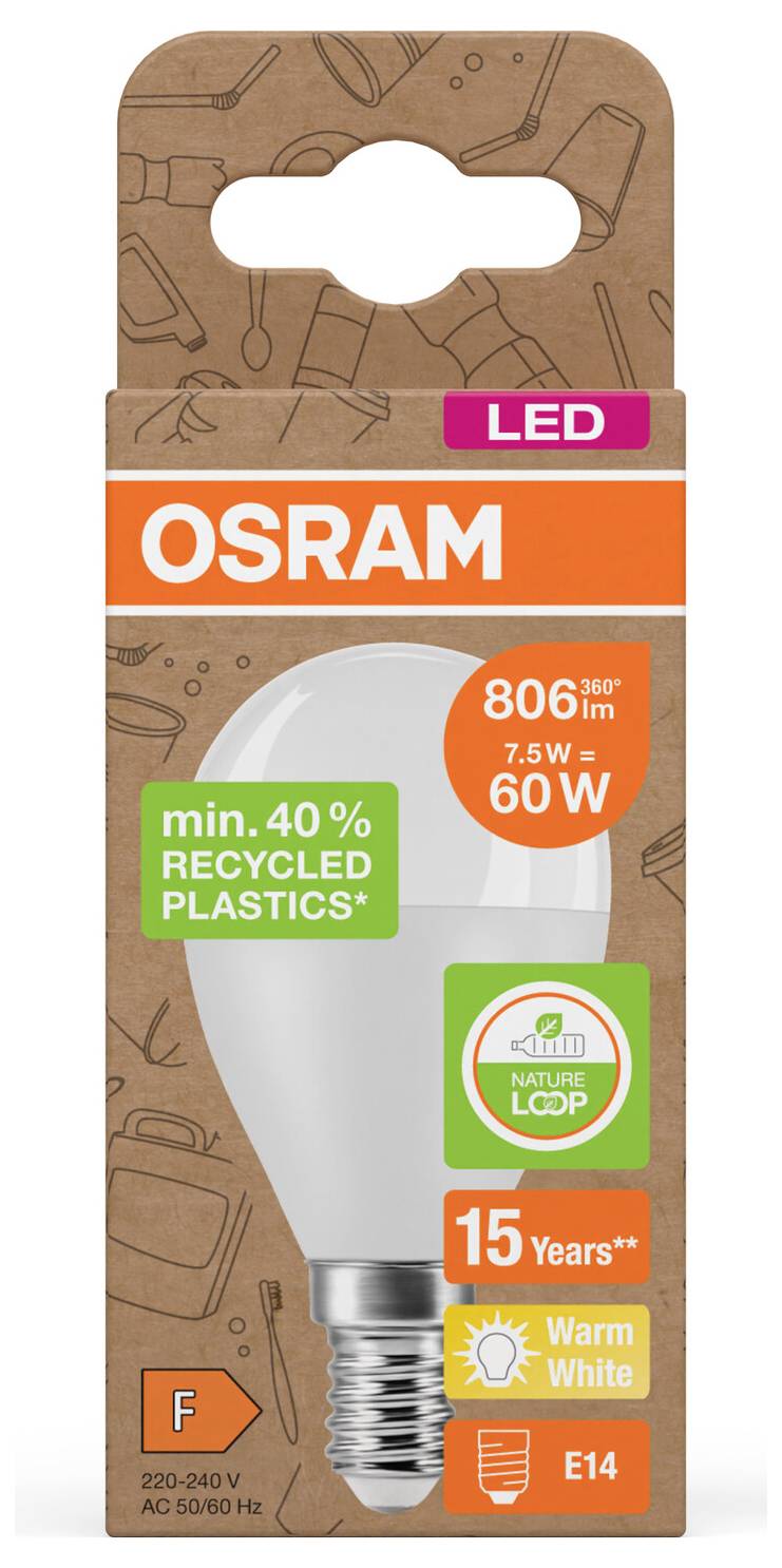 Confezione di lampadina LED OSRAM che mostra una lampadina E14 bianca calda, 806 lm, 7,5 W, equivalente a 60 W, almeno il 40% di plastiche riciclate e 15 anni.
