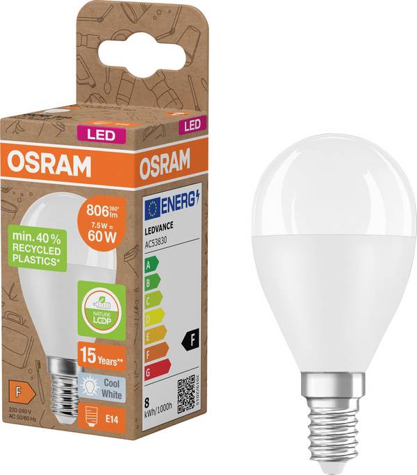 OSRAM HOMELIGHTING 4058075832145 LED (monocolore) ERP F (A - G) E14 Forma di goccia 7.5 W = 60 W Bianco neutro (Ø x A) 47 mm x 89 mm 1 pz.