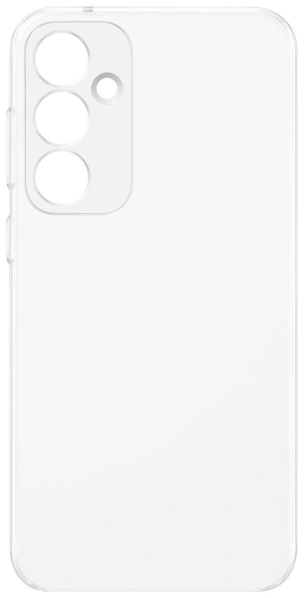 Custodia trasparente per smartphone con tagli per tre obiettivi della fotocamera e flash, adatta a un moderno modello di telefono cellulare.