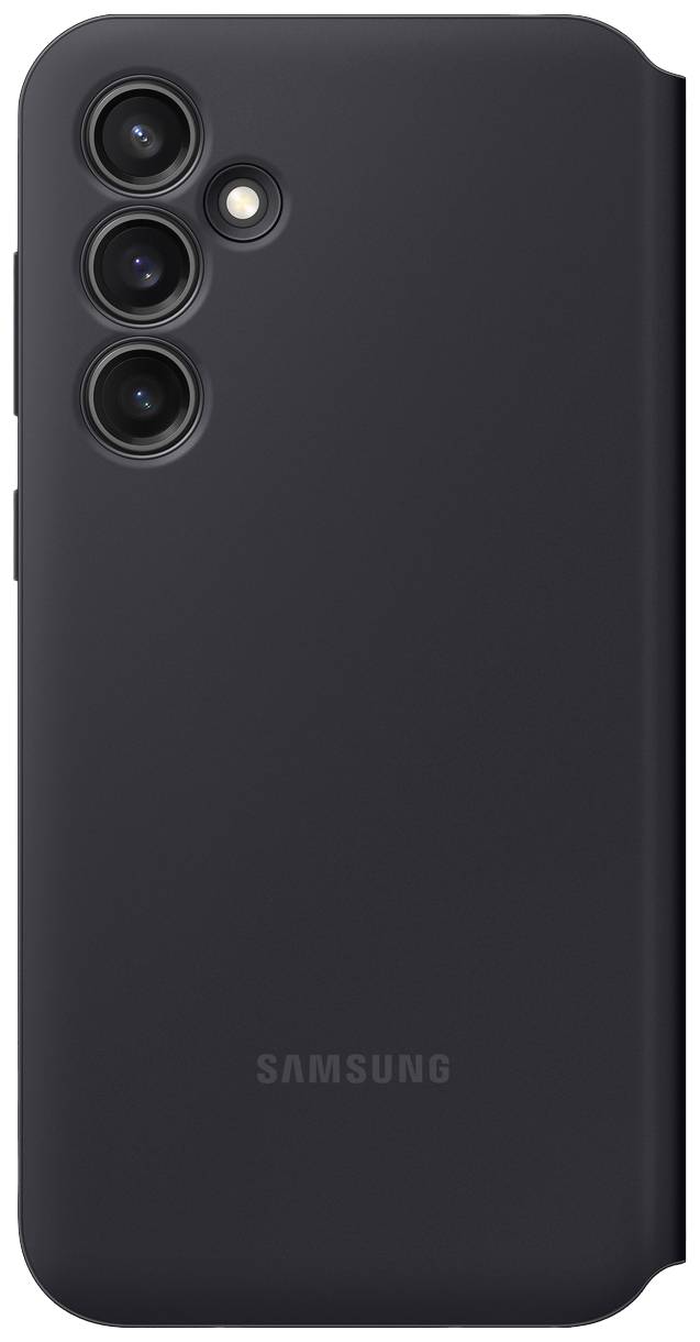 Cover per smartphone nero con tagli per tre fotocamere posteriori e un flash. Stile chiaro e minimalista.