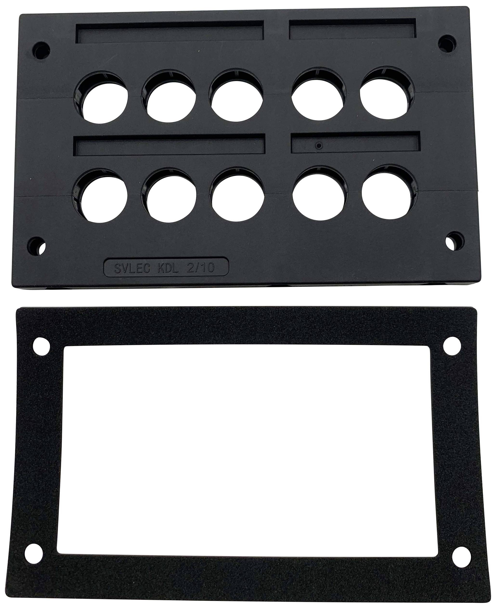 Piastra rettangolare nera in plastica con più fori circolari e cornice sottostante. Adatta per sistemi di cablaggio o montaggio.