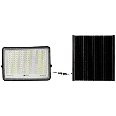 'Una lampada LED rettangolare con molte piccole luci collegata a un pannello solare; entrambi sono interconnessi mediante cablaggio.'