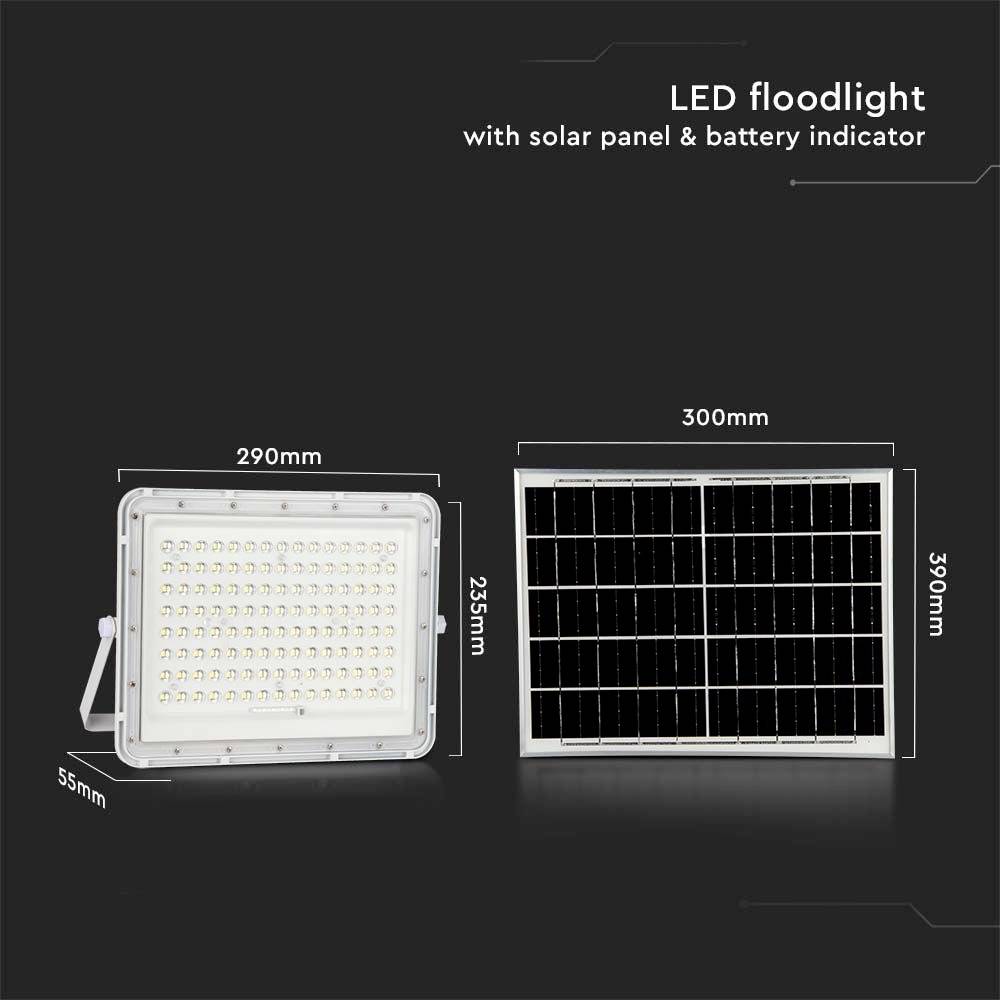 Luce di inondazione a LED con pannello solare e indicatore di batteria, mostrata con le sue dimensioni in un design essenziale su sfondo scuro.