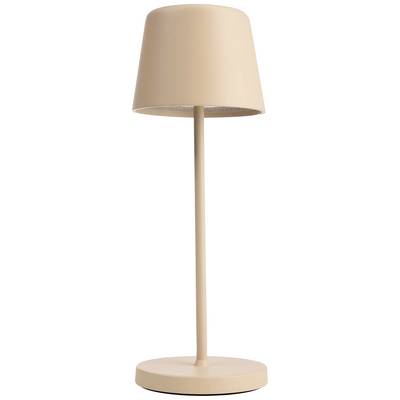 Lampada da tavolo beige con base sottile e paralume rotondo. Design minimalista, adatta a interni moderni.