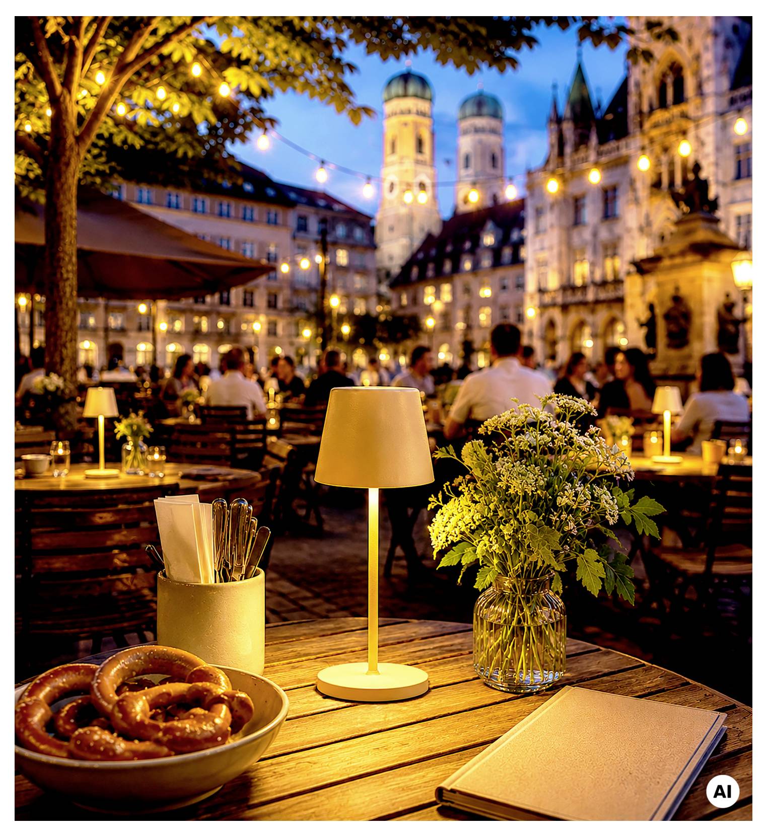 Tavolino da caffè all'aperto con pretzel, lampada, fiori e un menu, con vista su una vivace piazza serale con edifici storici e torri.