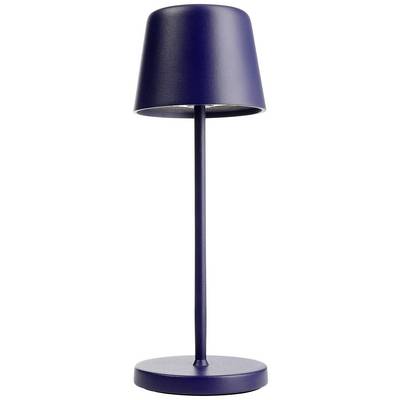 Lampada da tavolo blu con base rotonda e paralume sottile ed alto, dal design moderno e minimalista.