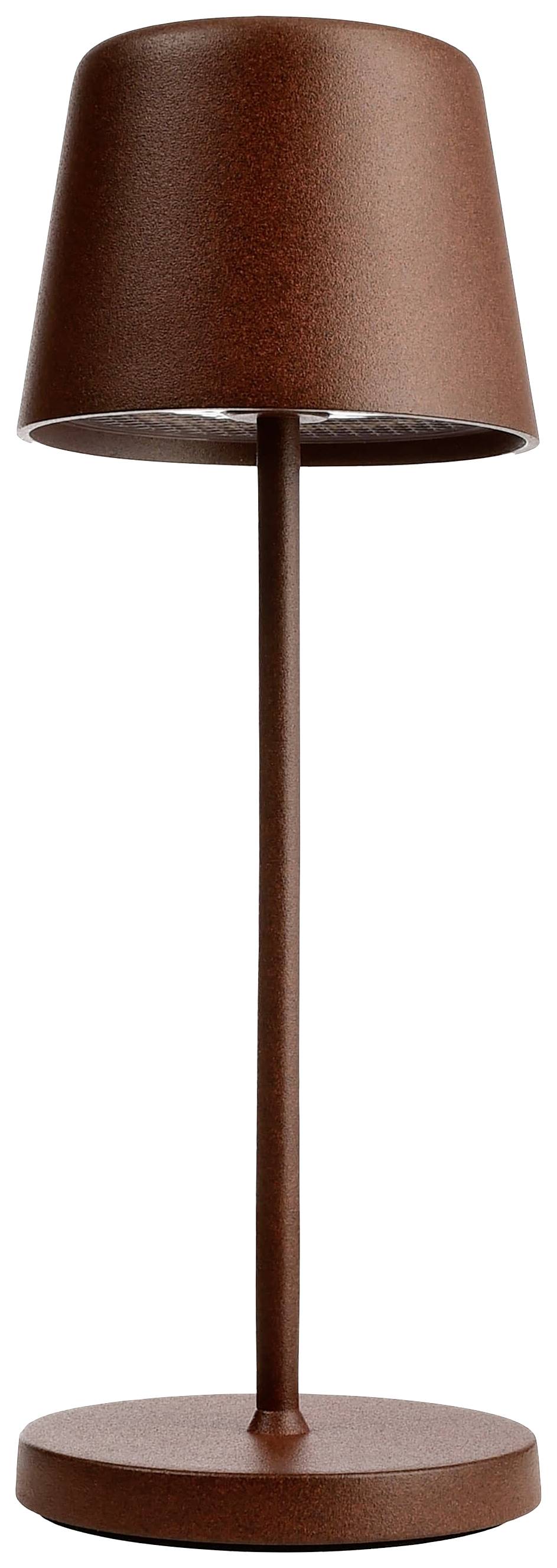 Lampada da terra marrone con supporto sottile e paralume conico. Stile moderno e minimalista.