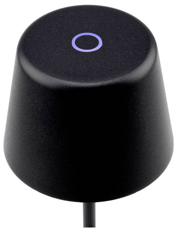 Pulsante intelligente cilindrico nero con un anello blu luminoso sulla parte superiore e un cavo che esce dalla base, isolato su sfondo bianco.