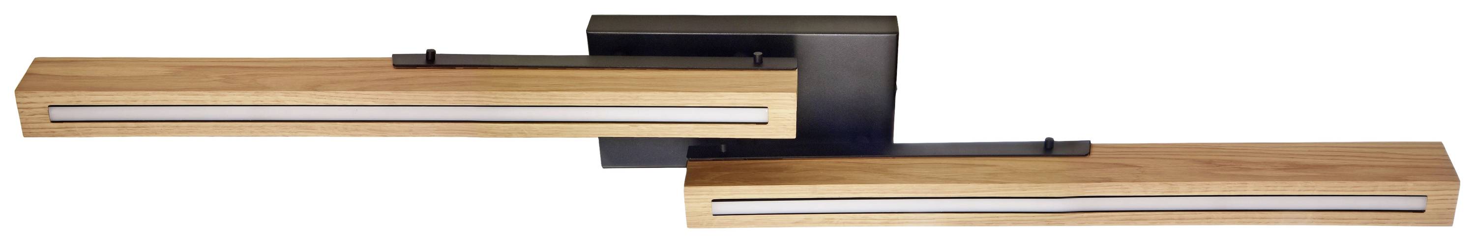 Lampada da parete moderna con due listelli orizzontali in legno e cornice in metallo nero, design geometrico per interni.
