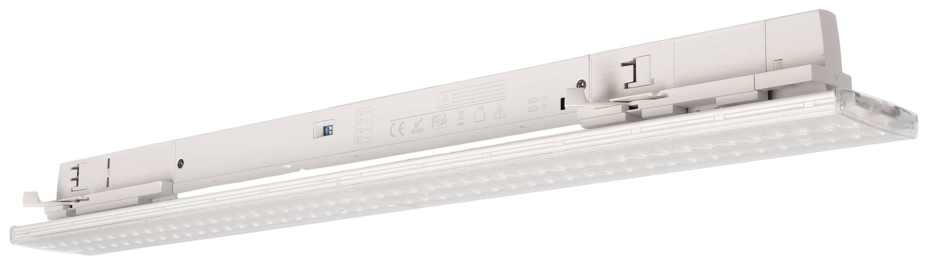 Plafoniera LED rettangolare con involucro bianco e copertura trasparente, adatta per illuminazione di uffici o ambienti industriali.
