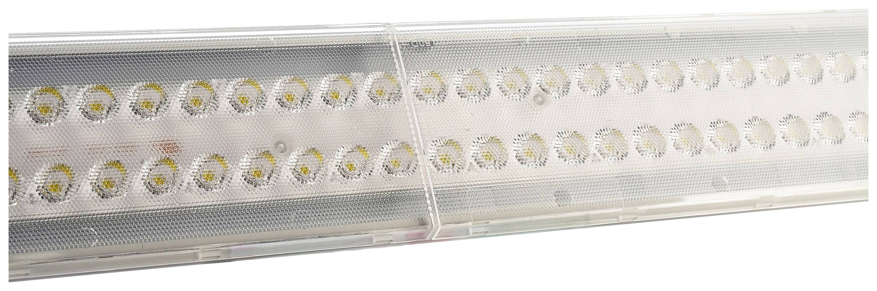 Barra luminosa a LED con diversi piccoli LED rotondi, disposti in due file parallele, adatta per applicazioni di illuminazione.
