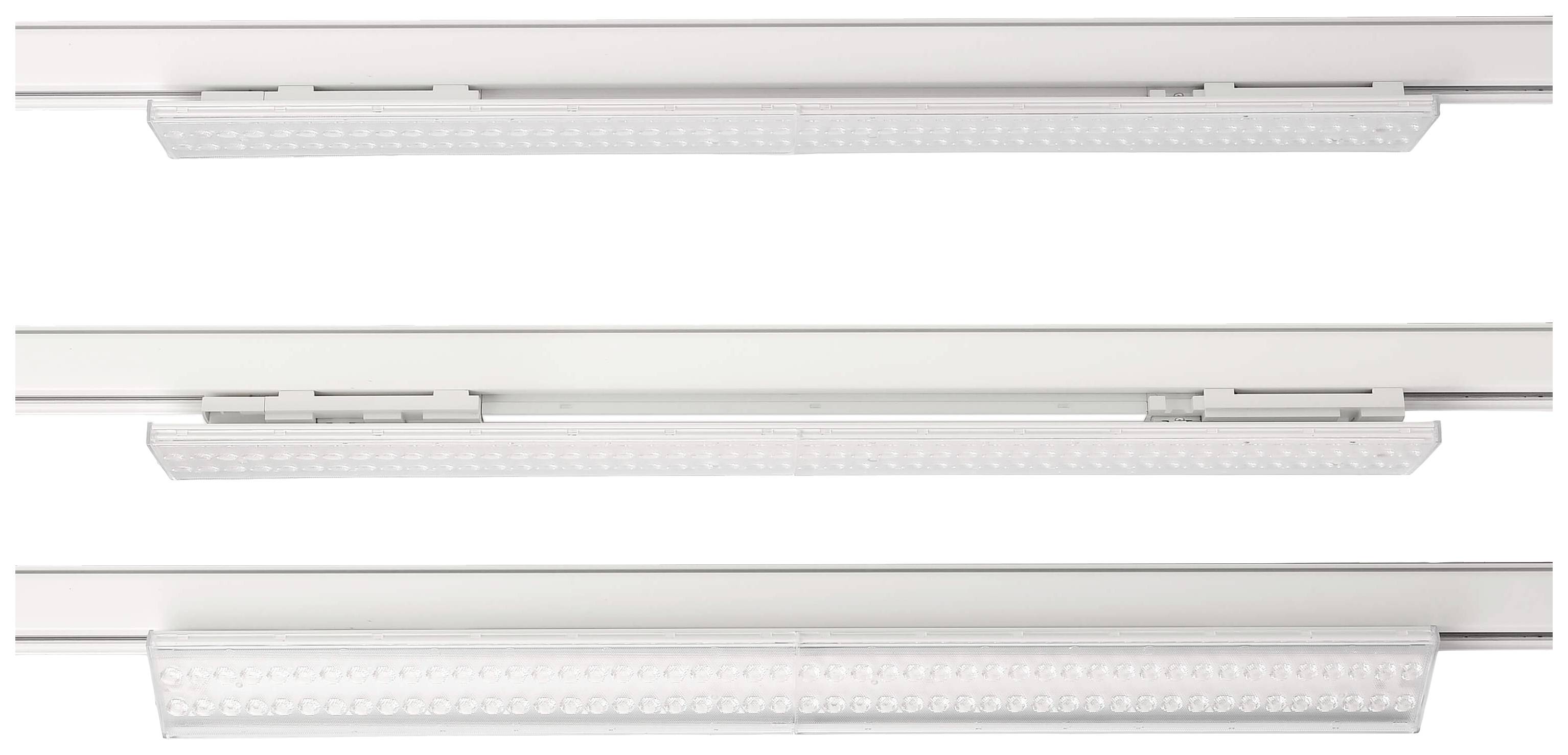 Tre barre luminose LED in cornice bianca, allineate orizzontalmente. Sono mostrate in diverse posizioni di montaggio.
