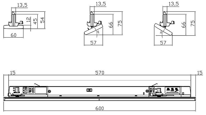 Disegno tecnico di un apparecchio LED con dimensioni. In alto: due viste del supporto a parete con misure. In basso: vista laterale dell'apparecchio.