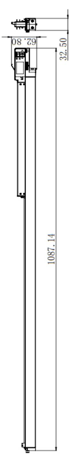 Disegno tecnico lineare di un componente rettangolare verticale alto, con dettagli di montaggio superiori, che mostra etichette di quote tra cui altezza 1087.14 e larghezza 32.50.