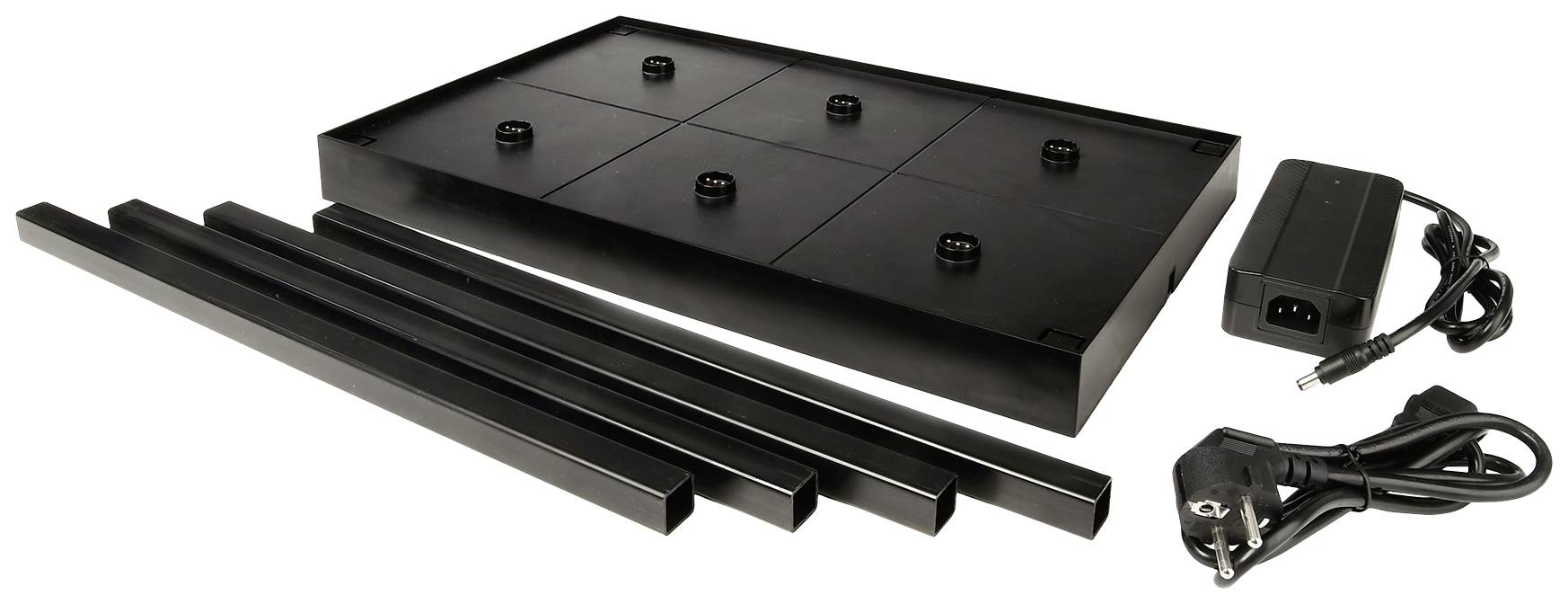 Set di supporto da tavolo nero con sei gambe, una piattaforma e un'unità di alimentazione, per modulo scrivania elettrico o regolabile in altezza.