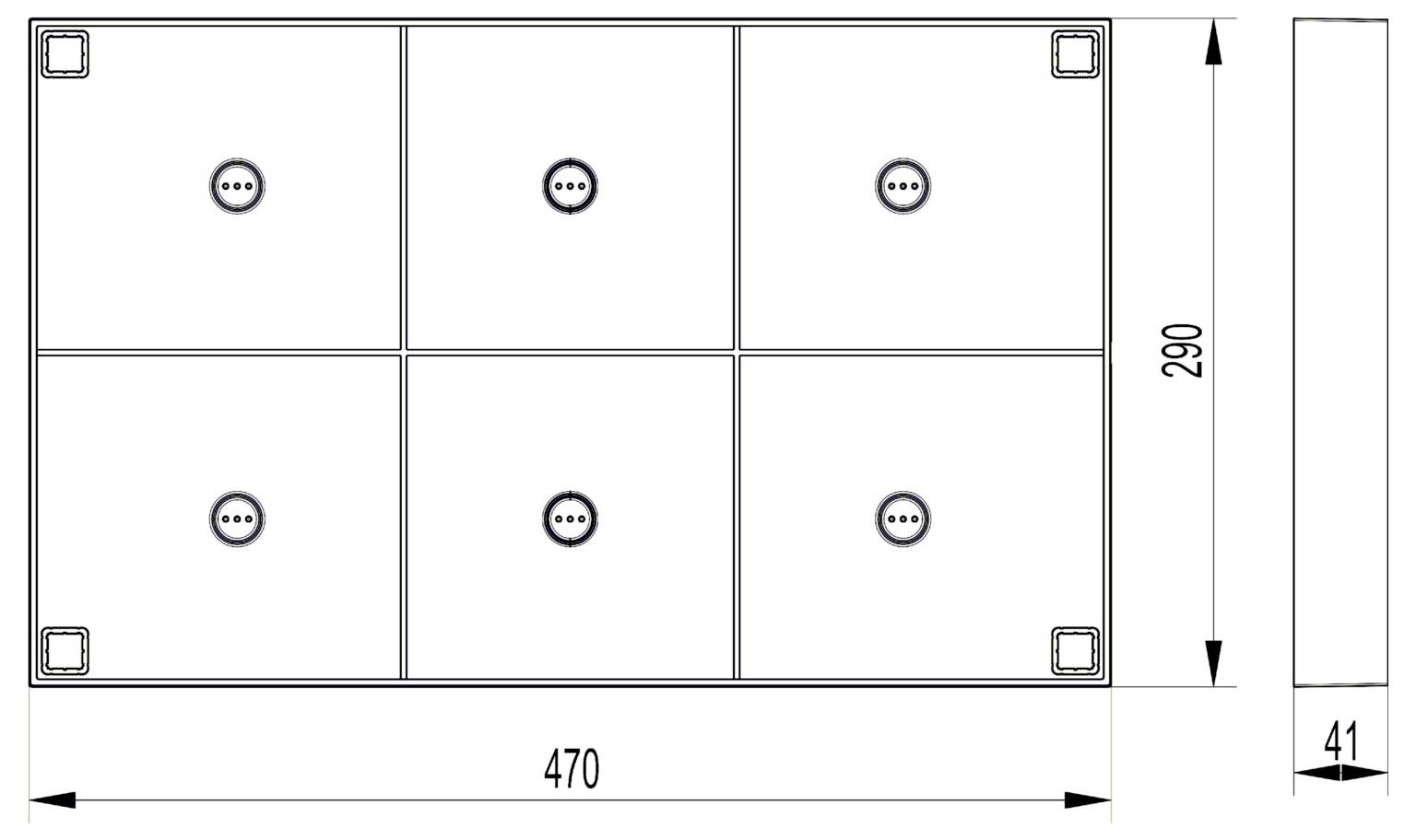 Disegno tecnico di un pannello rettangolare, 470 per 290, suddiviso in sei sezioni uguali con quattro punti di fissaggio agli angoli e spessore laterale 41.