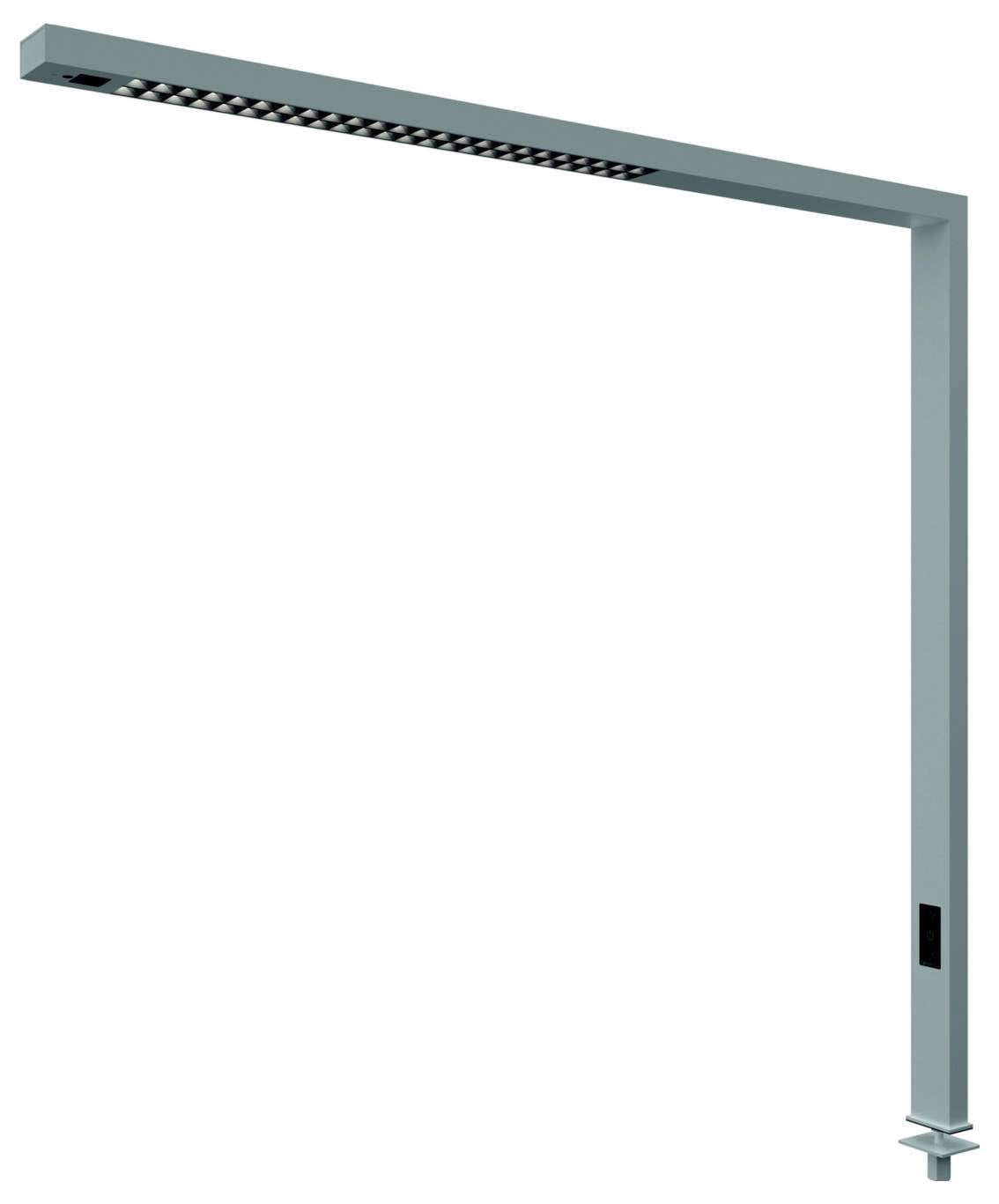 Braccio di cancello di sicurezza in metallo a forma di L per uso industriale, con striscia LED montata e piastra di base, mostrato su sfondo bianco.