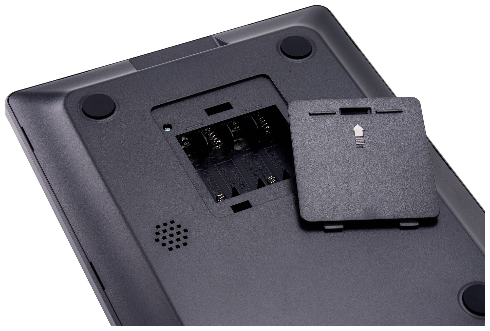 Vano batteria aperto sul retro di un dispositivo elettronico con coperchio rimosso.